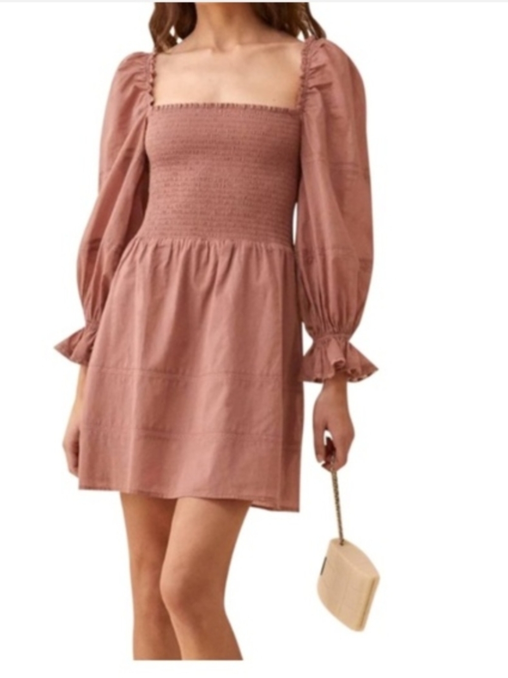 Reformation Dusty Rose Smocked Square-Neck Mini Dress